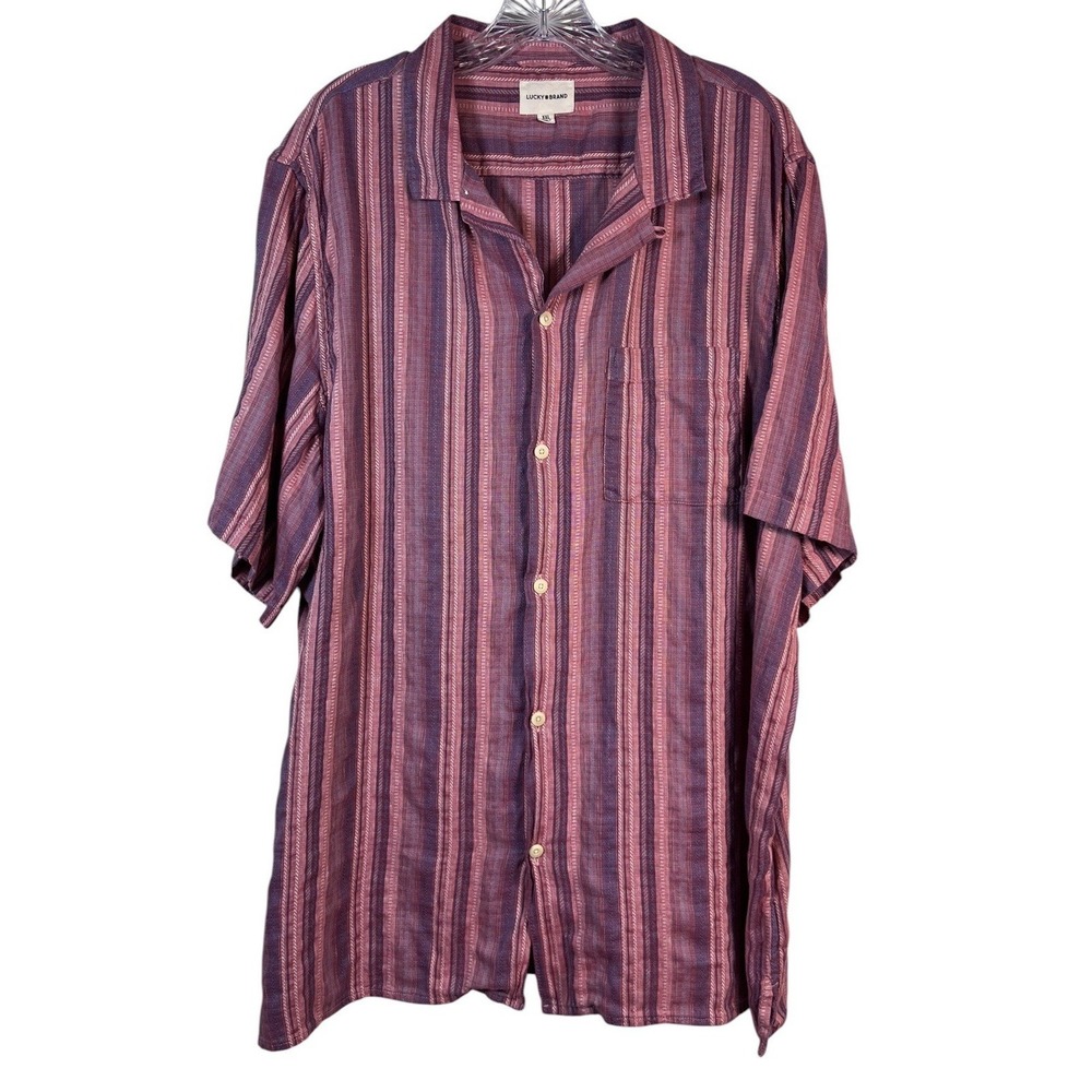 LUCKY BRAND Sz XXL Shirt Pink Purple Stripe Linen Cotton Camp Button Up